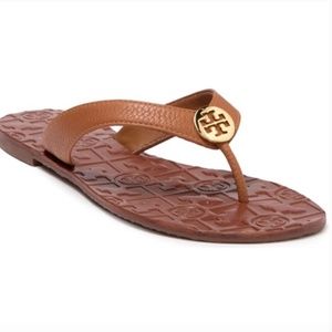 Tory Burch Thora Metal Logo Leather Thong Sandal Royal Tan